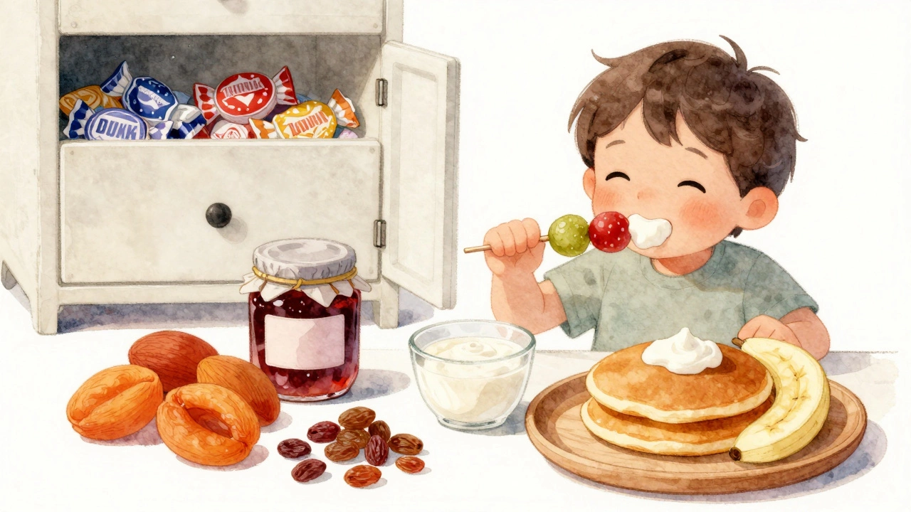 Ребёнок ест фруктовую шпажку с йогуртом, рядом — домашние лакомства из сухофруктов и ягод.