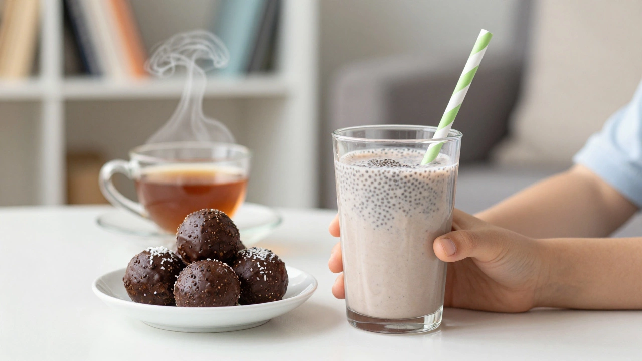 Ребёнок пьёт фруктовый коктейль с семенами чиа и ест шоколадные энергетические шарики.