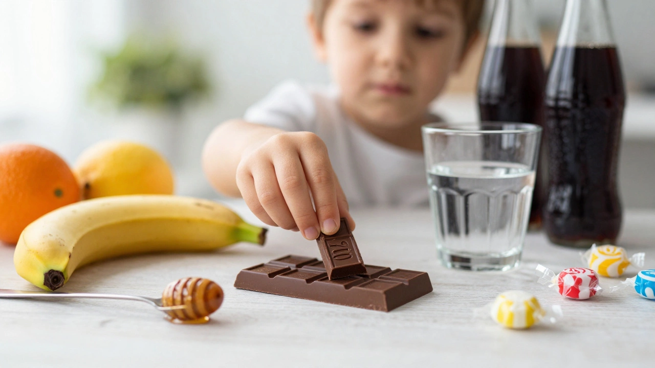 Ребёнок выбирает между тёмным шоколадом и бананом, на фоне — природные и искусственные сладости.