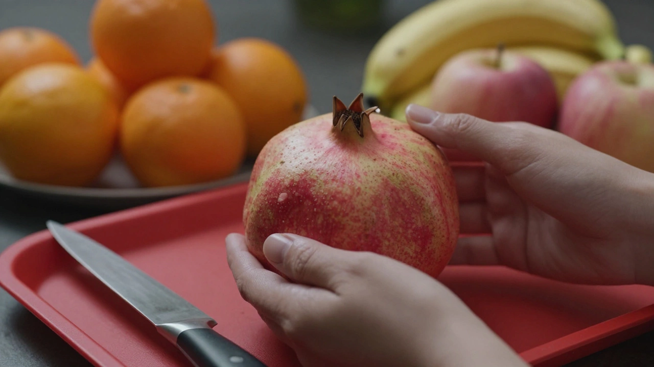 Руки кладут помело на красный поднос, нож рядом — символ ожидания удачи после полуночи.