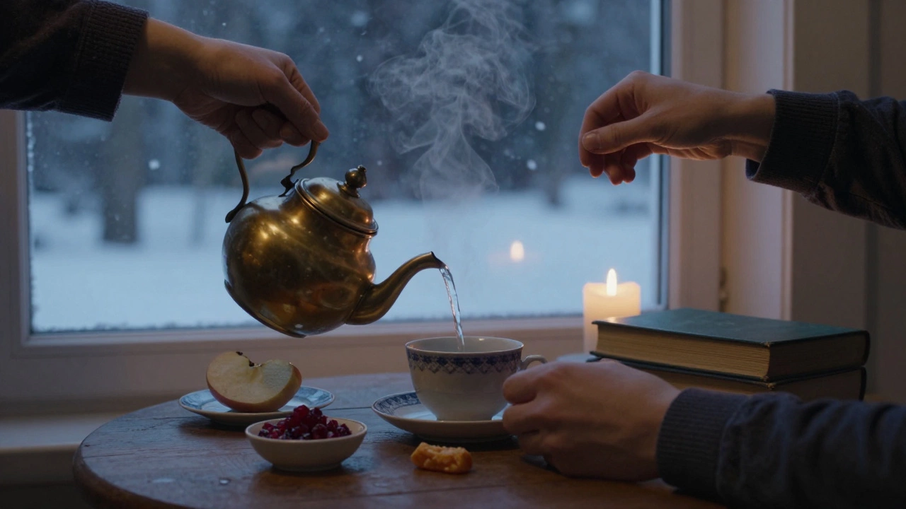 Руки льют чай из чайника, рядом — яблоко, сушёные ягоды и горящая свеча на фоне снежного окна.