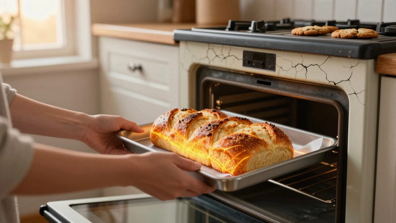 Руки вытаскивают свежий бриош из встроенной духовки, на фоне — старая, ненадёжная плита.