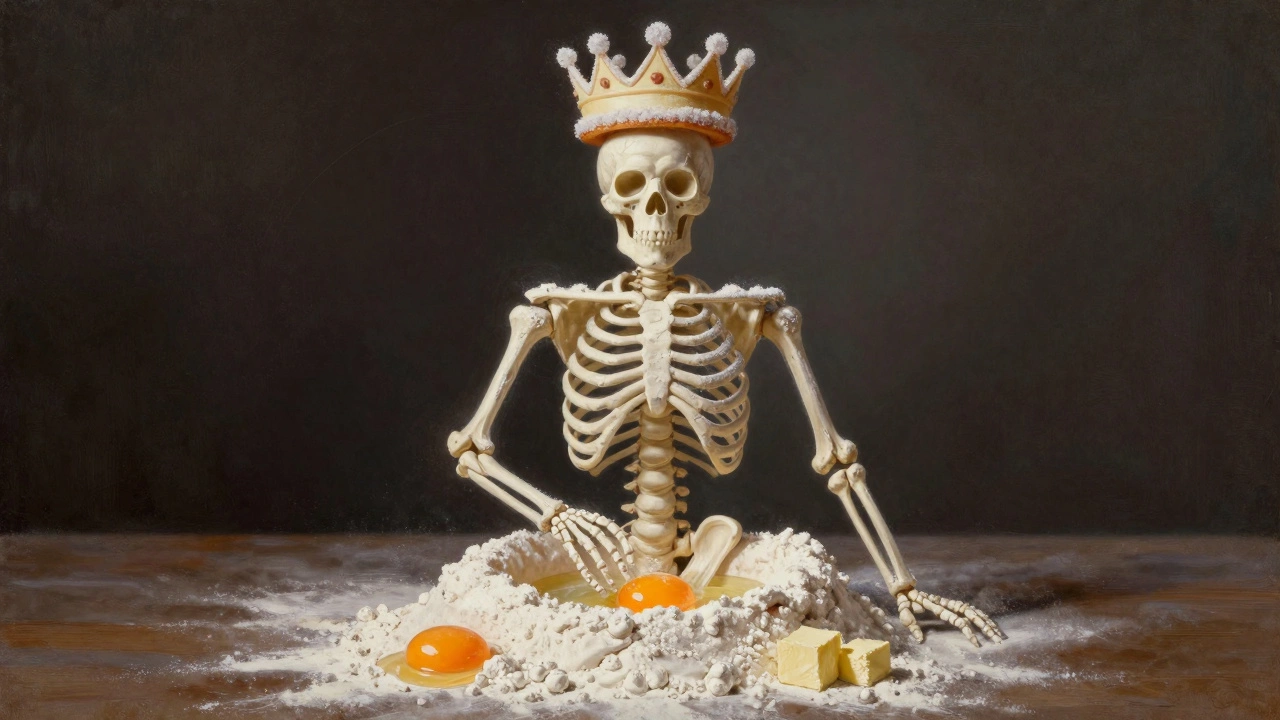 Скелет из мешков с мукой, поддерживающий торт, символизирующий основу выпечки.