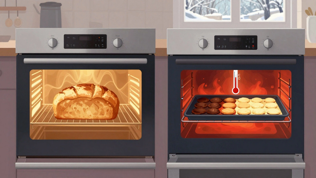 Сравнение равномерного и неравномерного нагрева в двух духовках: одна печёт идеально, другая — подгорает.