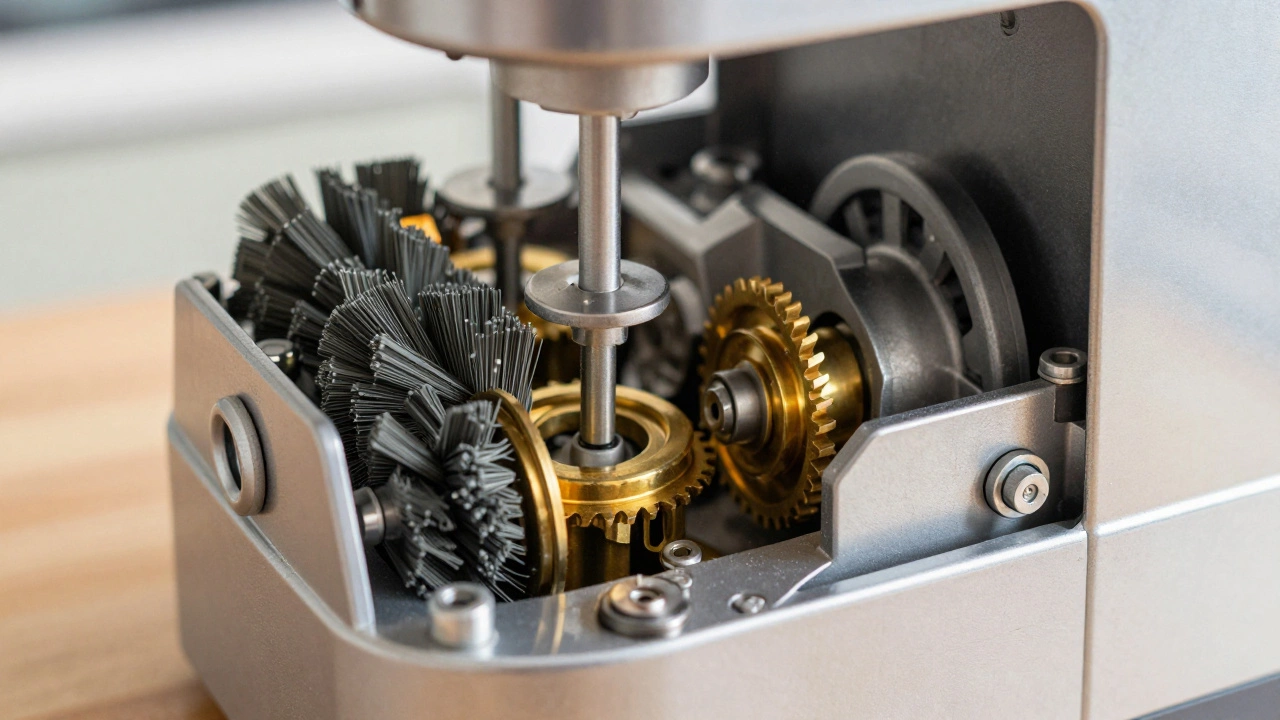 Внутренний механизм миксера Electrolux: графитовые щётки, металлические шестерни, блестящая сталь под светом.