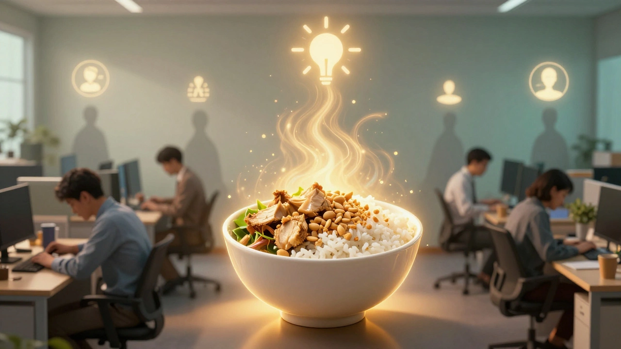 Золотистая миска с тайской курицей излучает энергию, вдохновляя офисных сотрудников.