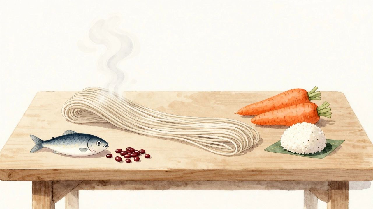 Японские лапши соба на деревянном столе с символическими ингредиентами в тихой атмосфере.