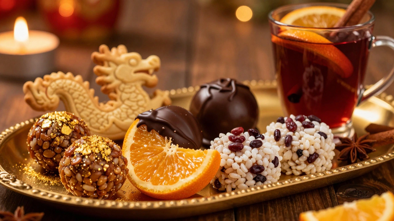 Десерты к Новому году: мёдовые шарики с золотом, апельсины в шоколаде и рисовые пирожные в тёплом свете.