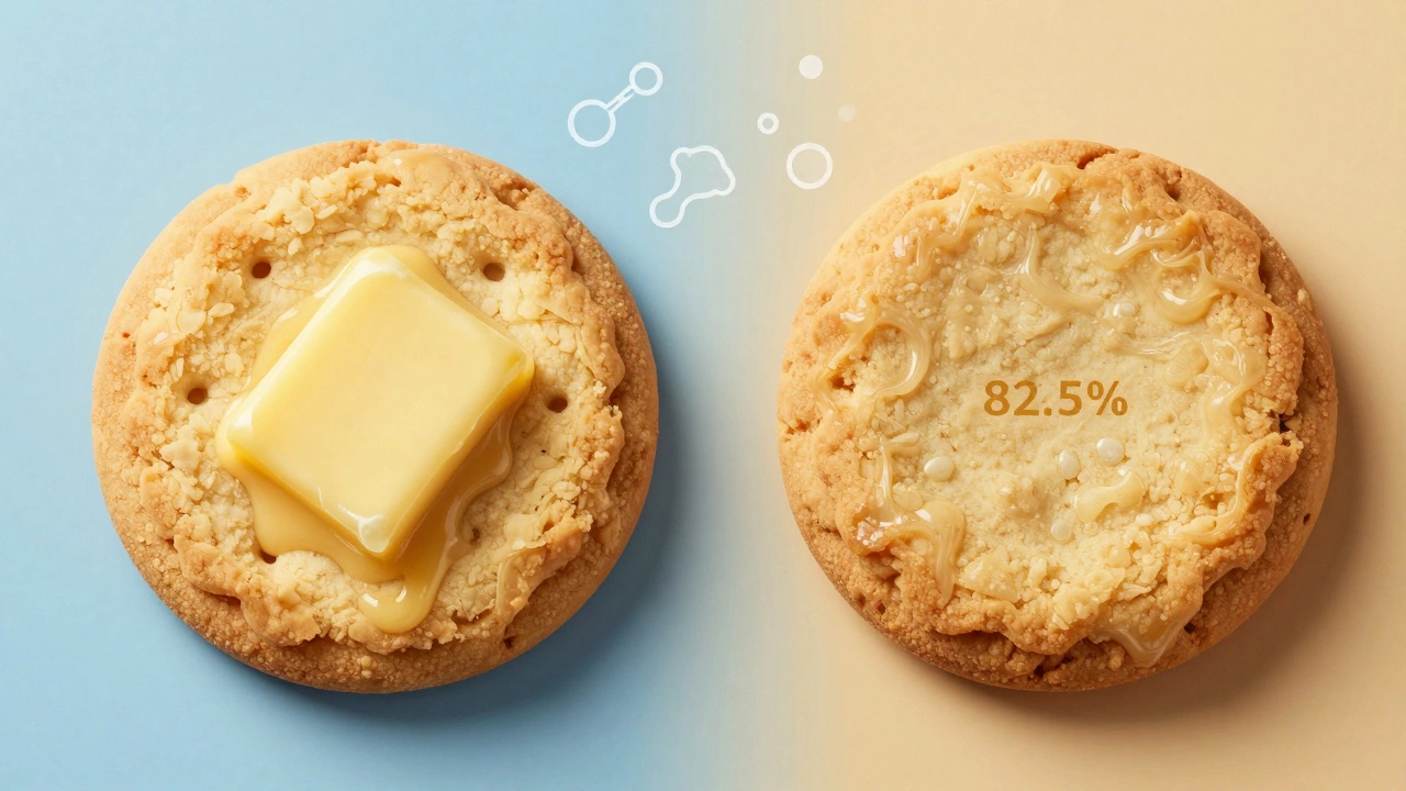 Два печенья: одно с маслом — рассыпчатое и блестящее, другое с маргарином — плотное и жирное.