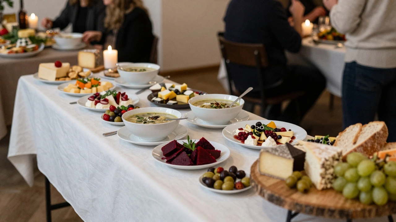 Фестивальный буфет с основными блюдами и отдельной зоной для сыров, оливок и хлеба в тёплом освещении.