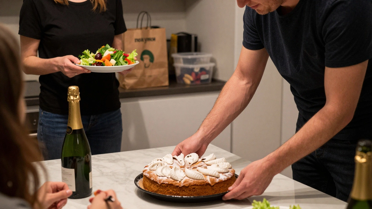 Хозяйка ставит торт на стол, гость приносит салат и шампанское — атмосфера тёплого, совместного праздника.