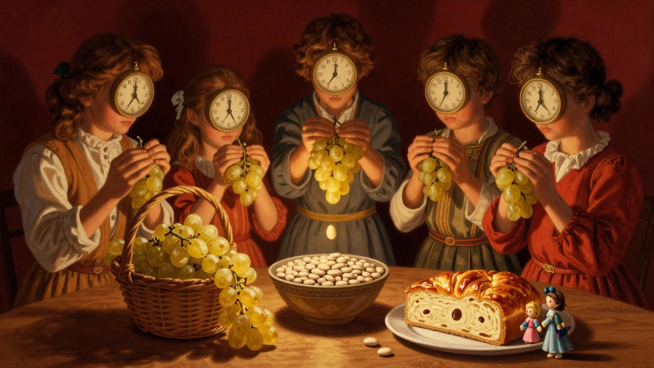 Испанская семья ест двенадцать виноградин в полночь, на столе фасоль и торт Трёх королей.