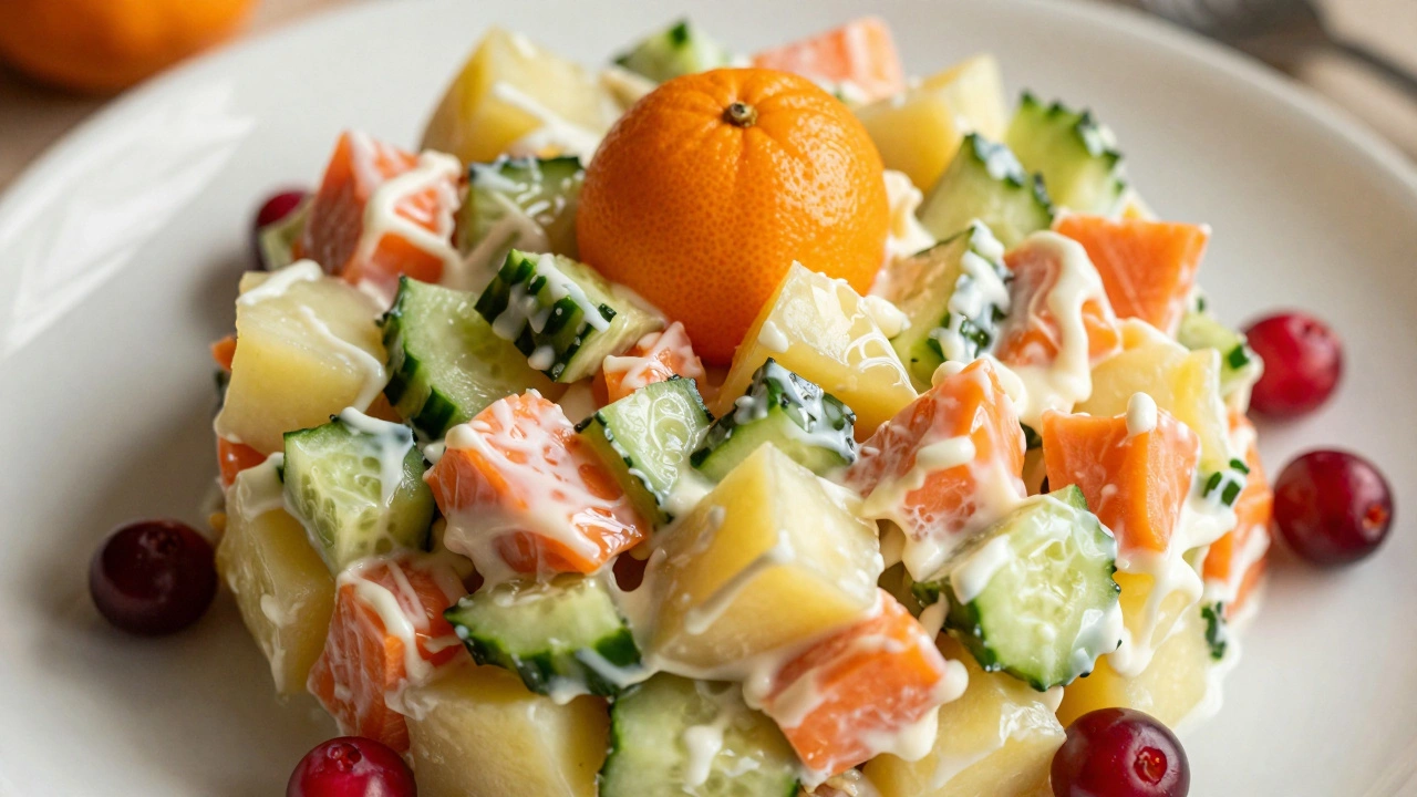 Крупные кусочки салата «Оливье» с морковью и красной смородиной, без мелко нарезанной зелени.