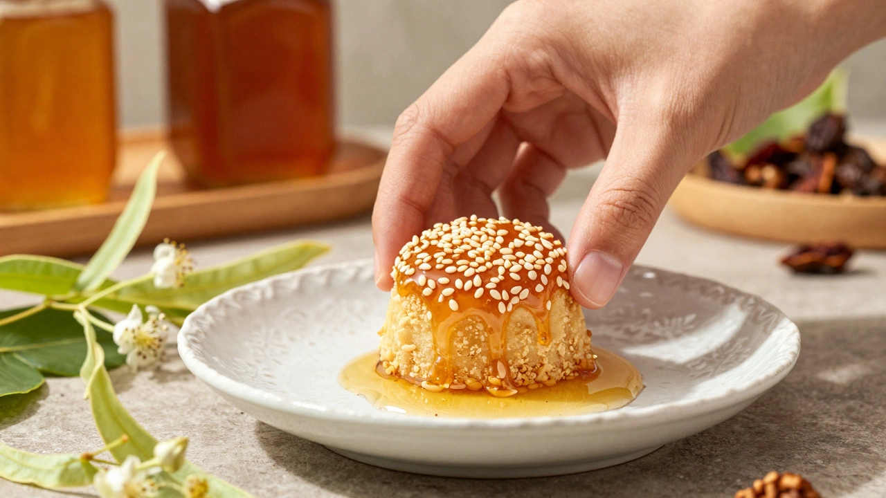 Кусочек мёдового пирожного с кунжутом и миндалём на керамической тарелке с цветами