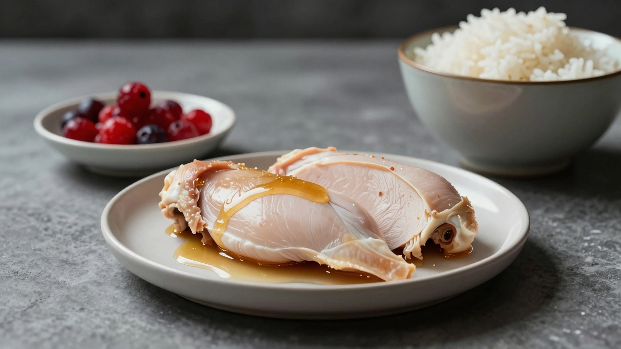 Нежирная курица без костей рядом с ягодами, рядом — незатронутый белый рис.