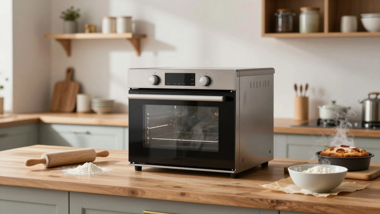 Отдельно стоящая духовка на кухне, рядом — инструменты для выпечки, тепло и уют.