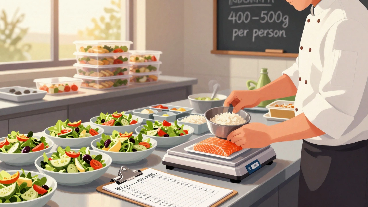 Повар в кухне взвешивает порции еды для банкета: лосось, рис, салат — все точно по нормам.