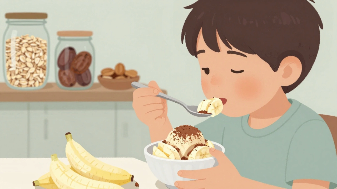 Ребёнок ест мороженое из бананов и какао без добавок.