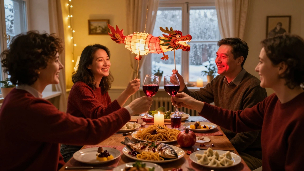 Семья за новогодним столом в Санкт-Петербурге, поднимающая бокалы с красным вином и гранатовым соком под светом драконьей фонарика.