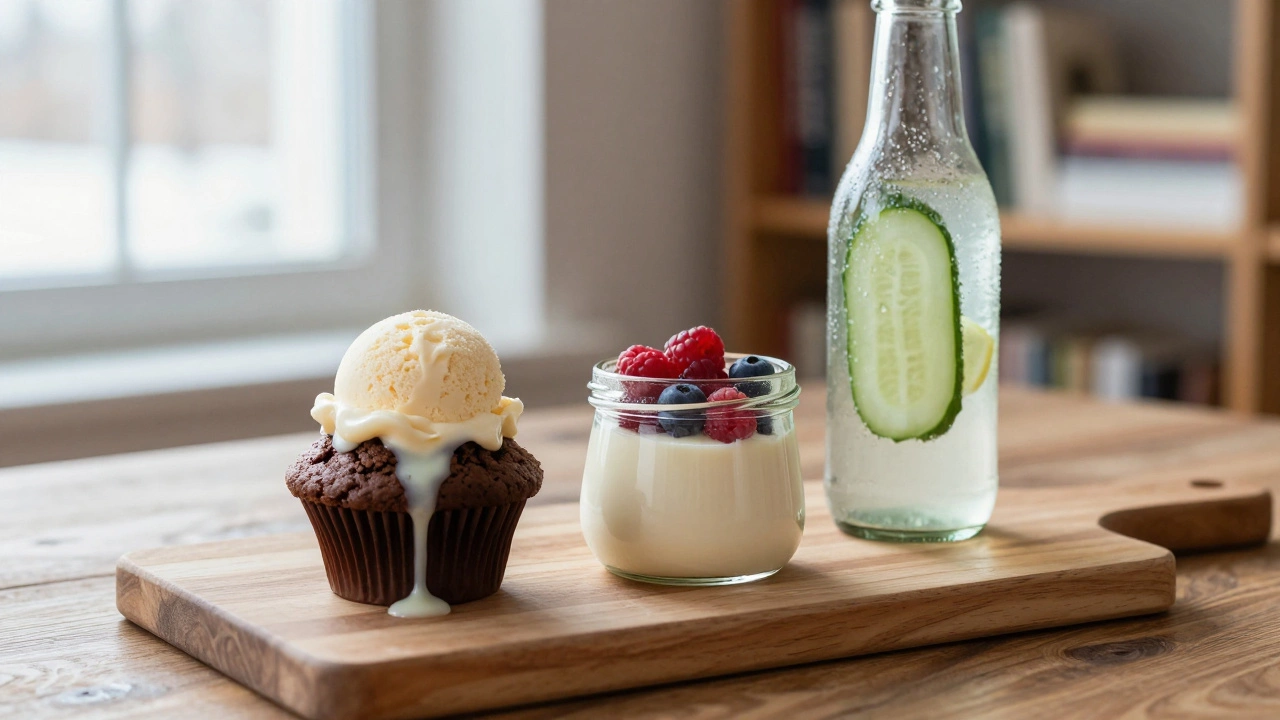 Шоколадный маффин с мороженым, панна котта с ягодами и лимонад с огурцом на деревянной доске.