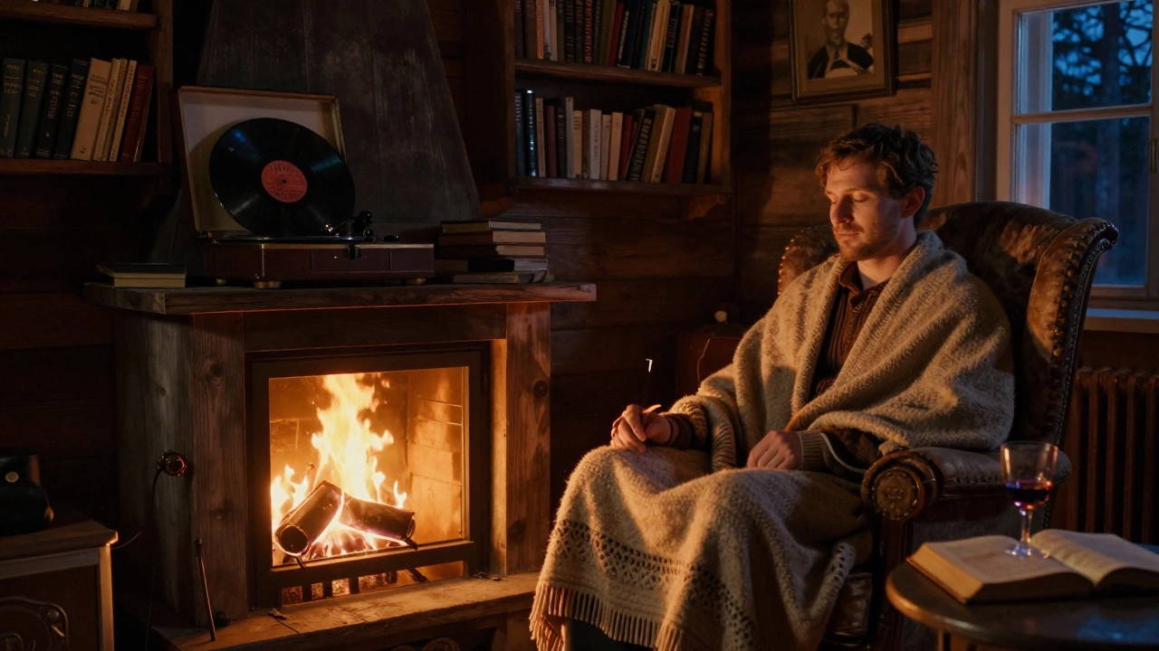 Старинный дом у озера Ладога ночью у камина с виниловой пластинкой.