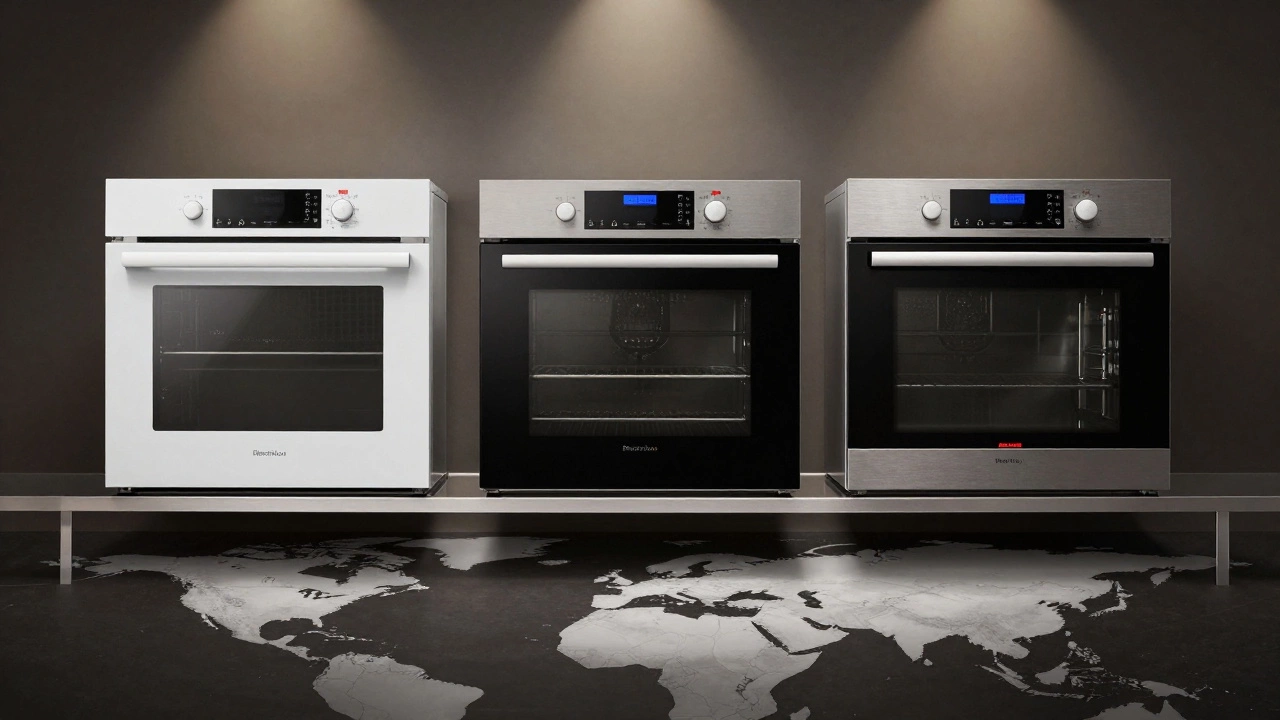 Три духовки Electrolux из Китая, Польши и Италии на карте мира, подсвеченные отдельно.