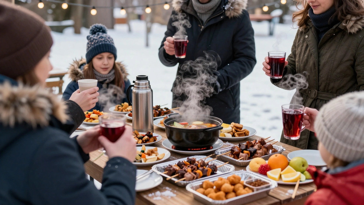 Зимний уличный банкет: гости в пальто едят шашлыки и пьют горячие напитки, дети у отдельного стола.