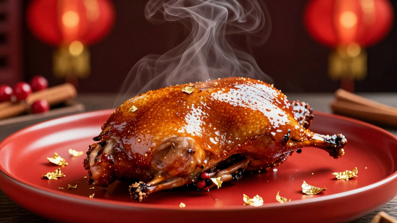 Золотистая утка с медовой корочкой и съедобным золотом на красной посуде.