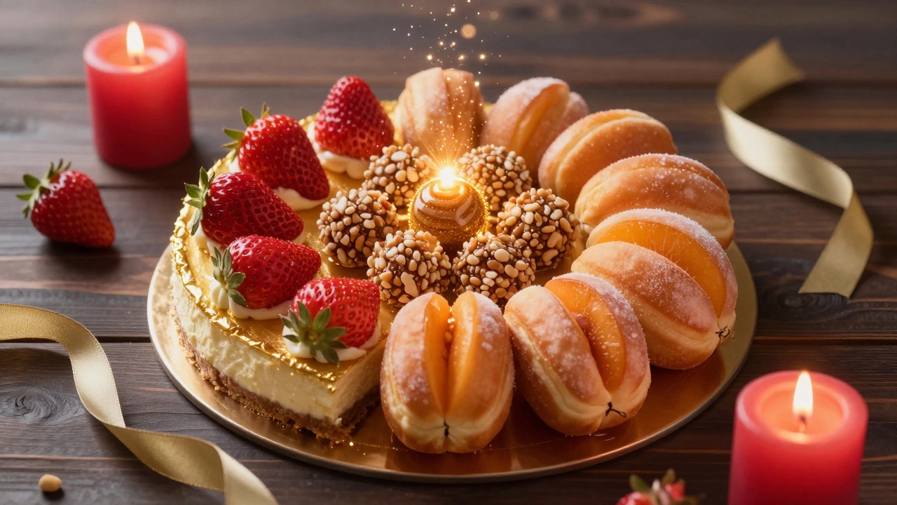 Золотой чизкейк с ягодами, медовые шарики и пончики на праздничном десертном столе.