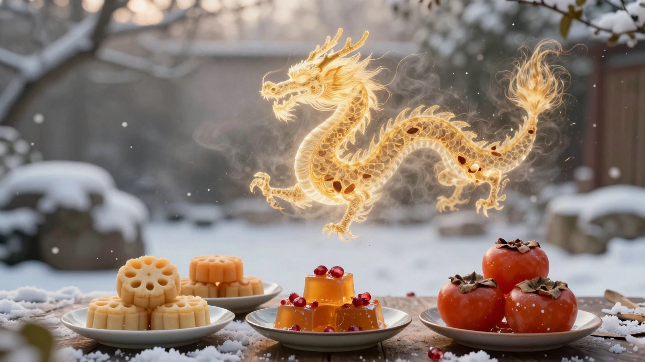 Золотой дракон из тумана над новогодними сладостями, символизирующий удачу
