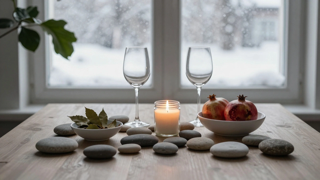 Гладкие камни и фрукты на столе с свечой в стеклянной банке под зимним окном.