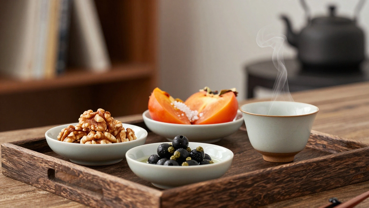 Маленькие керамические мисочки с орехами, фруктами и оливками на деревянном подносе рядом с чашкой чая.
