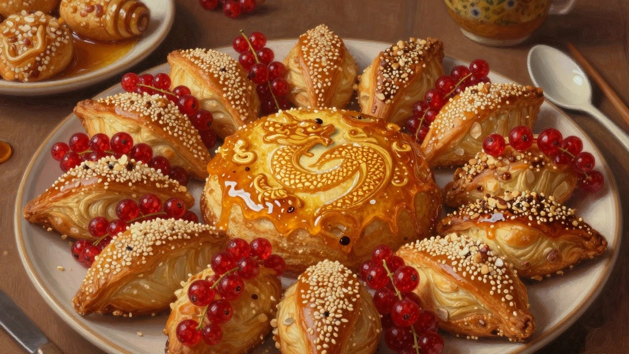 Медовые пирожки с орехами и кунжутом, украшенные красной смородиной, без ножей на столе