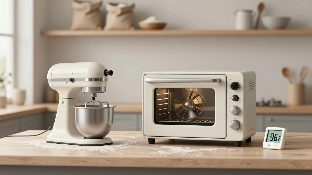 На столе только три инструмента для выпечки: миксер, духовка с конвекцией и термометр.