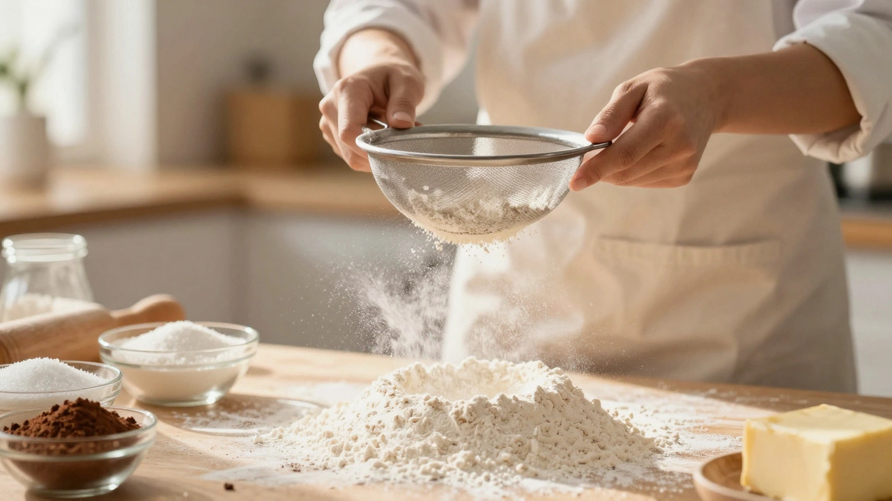 Просеивание муки в домашней кухне для проверки качества