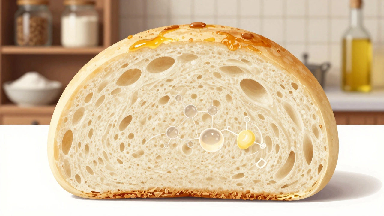 Разрез свежей булочки с мягким, влажным мякишем и тонкой жировой пленкой, сохраняющей свежесть.