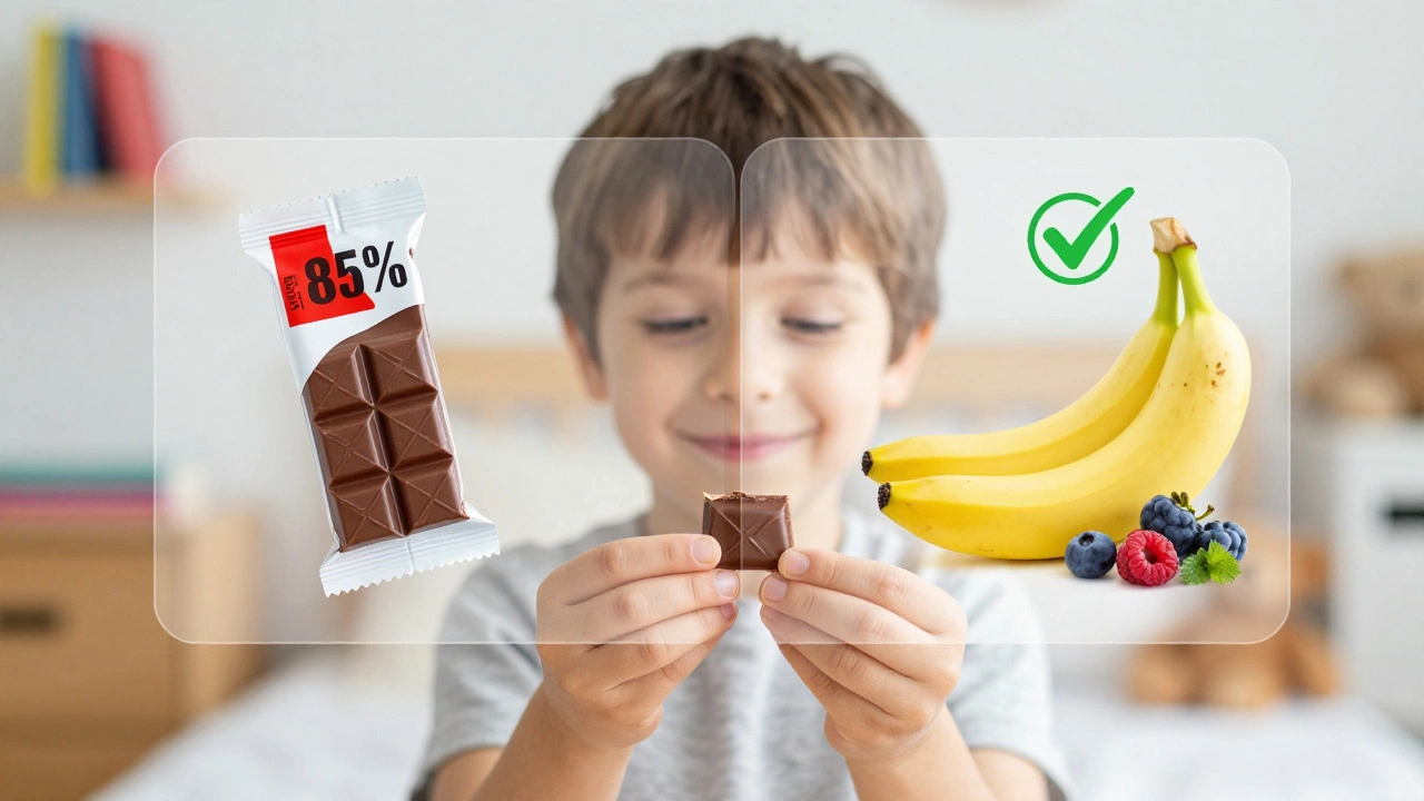 Ребёнок держит тёмный шоколад с естественными сладостями на фоне сравнения.