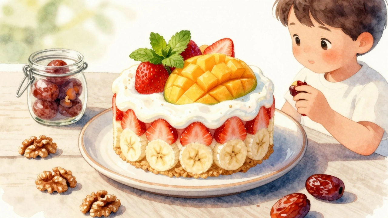 Ребенок ест домашний фруктовый десерт из бананов, клубники и йогурта с мятой.