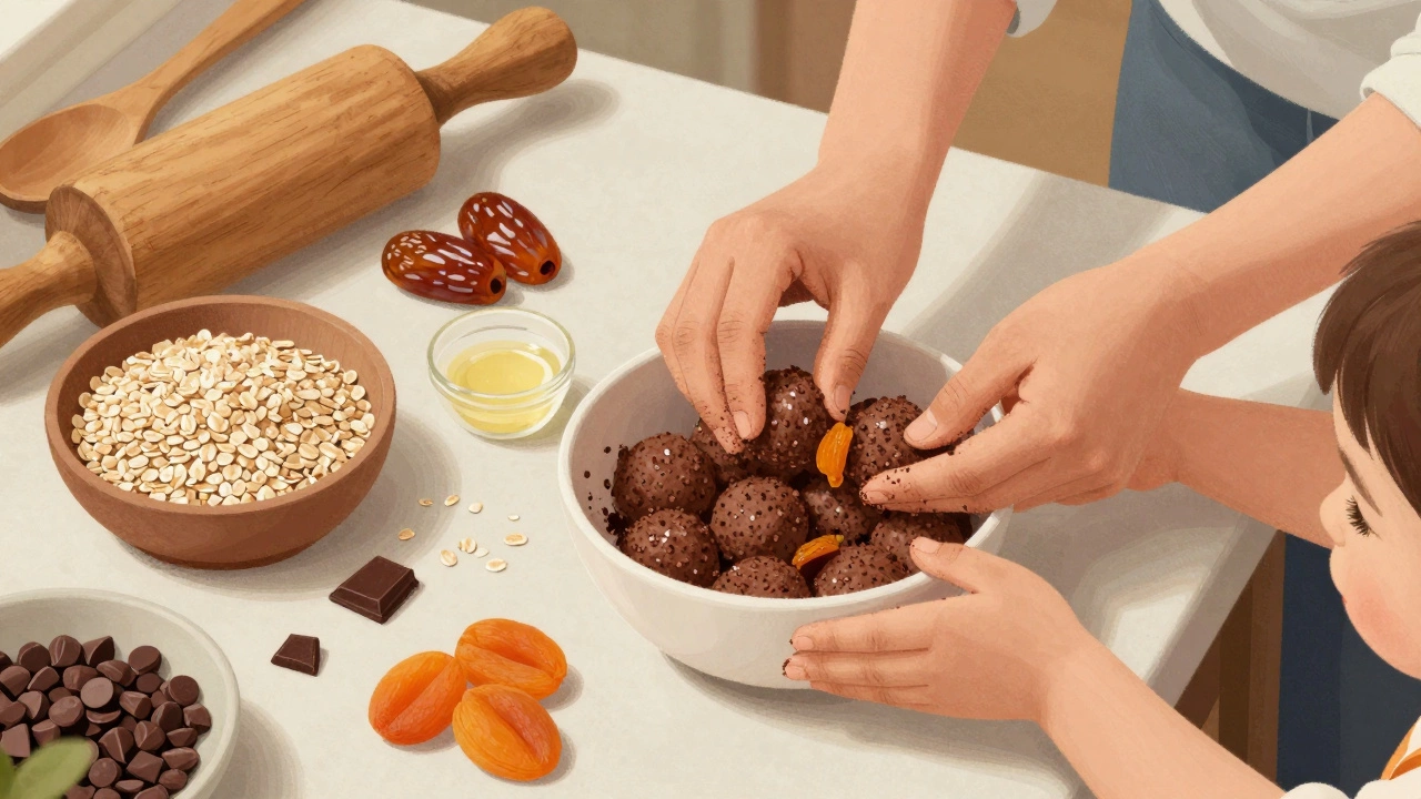 Ребёнок помогает готовить овсяные шарики с курагой и какао.