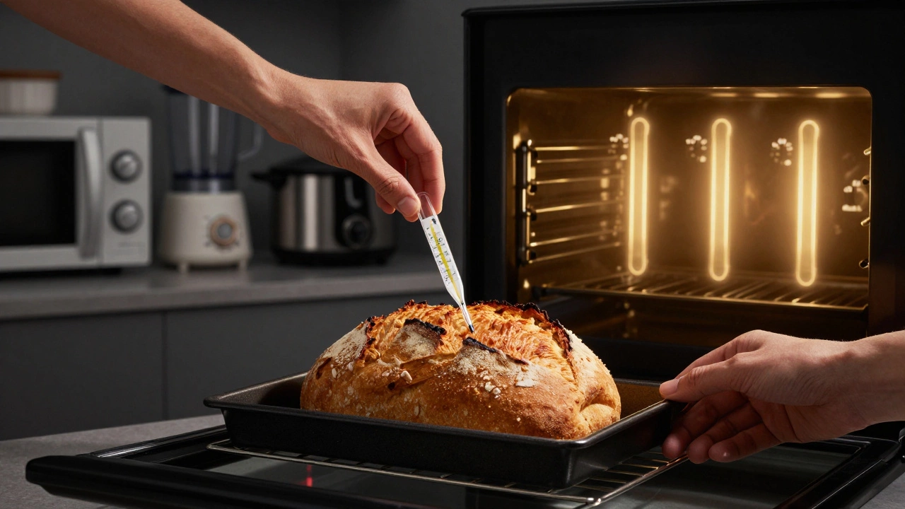 Рука проверяет температуру хлеба термометром, рядом — только нужные приборы, остальное — в тени.
