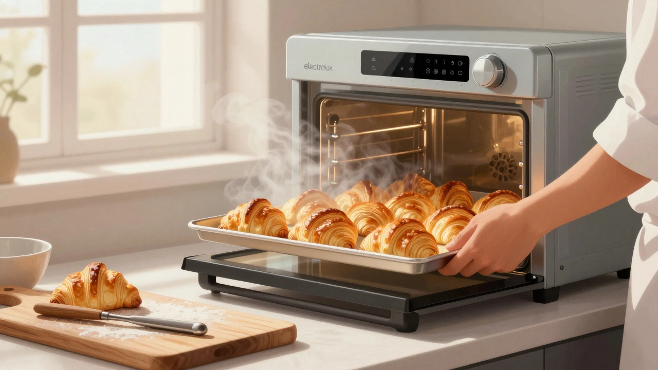 Руки пекаря кладут круассаны в паровую печь Electrolux, из которой поднимается пар.