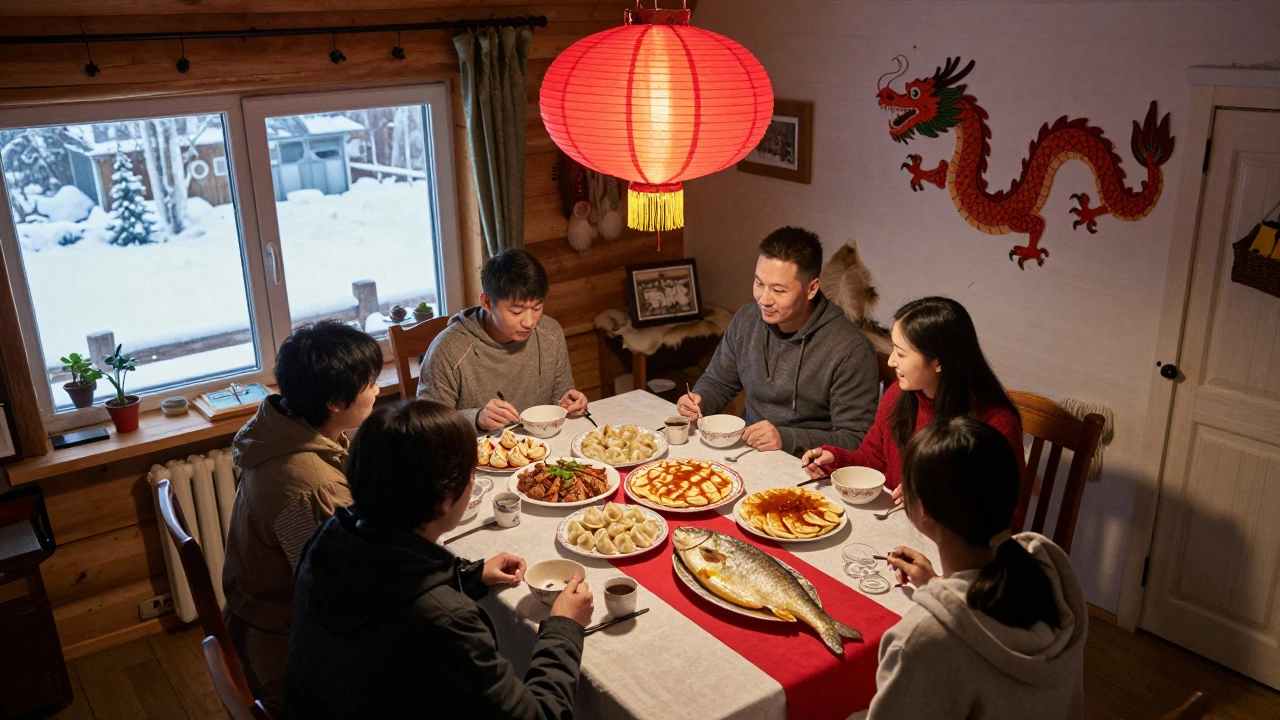 Семейный ужин в русском доме с китайскими праздничными блюдами и красными украшениями.