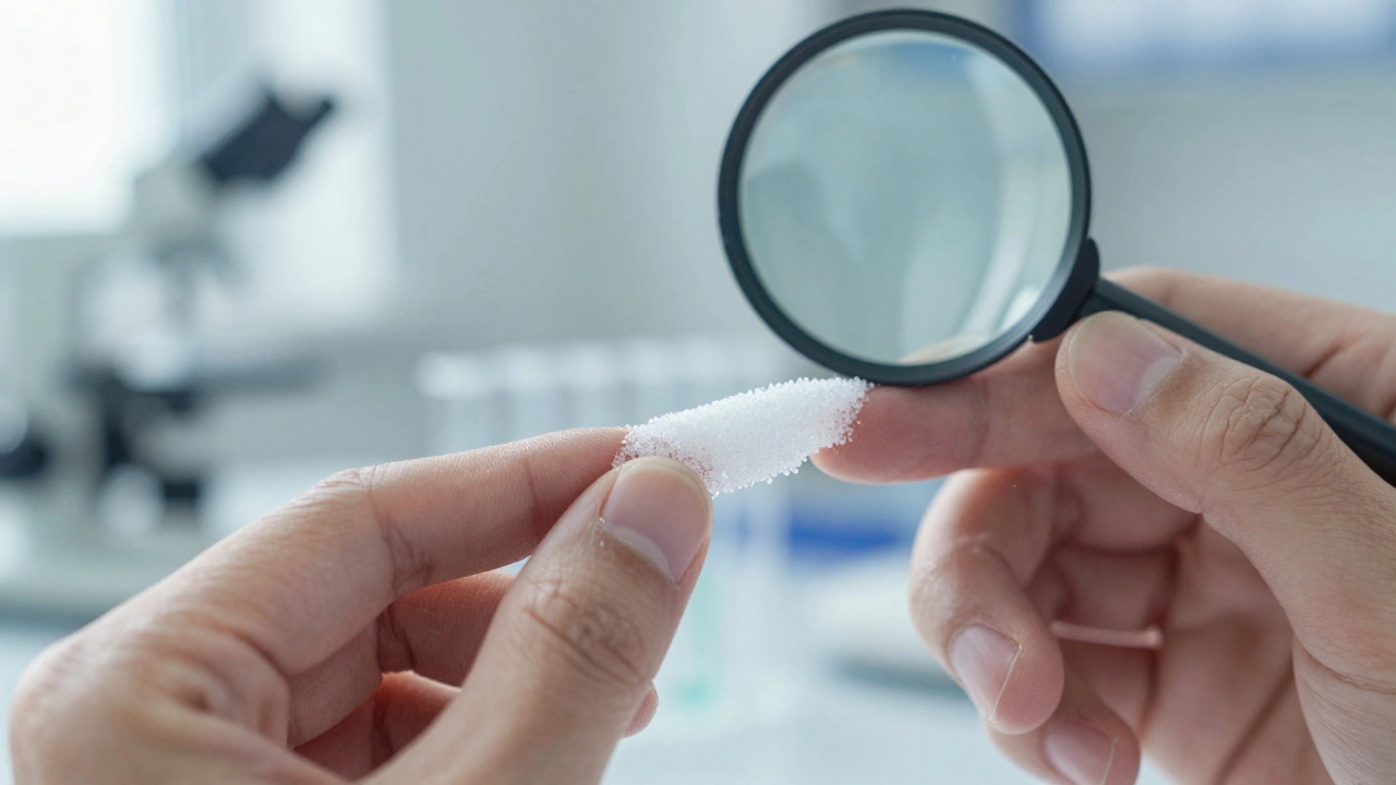 Тестирование сахара в лаборатории: кристаллы между пальцами под лупой