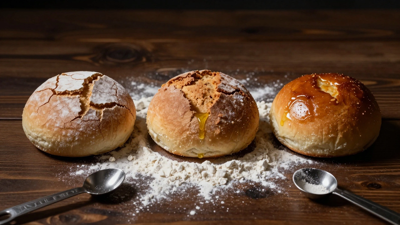 Три булочки: сухая, черствая и свежая — наглядное сравнение эффекта подсолнечного масла в выпечке.