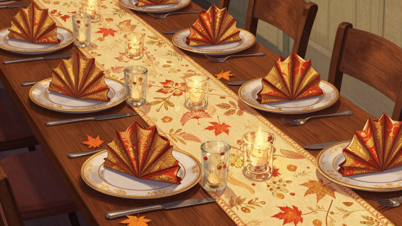 Узорчатые бумажные салфетки в виде вееров вдоль стола с свечами и листьями.