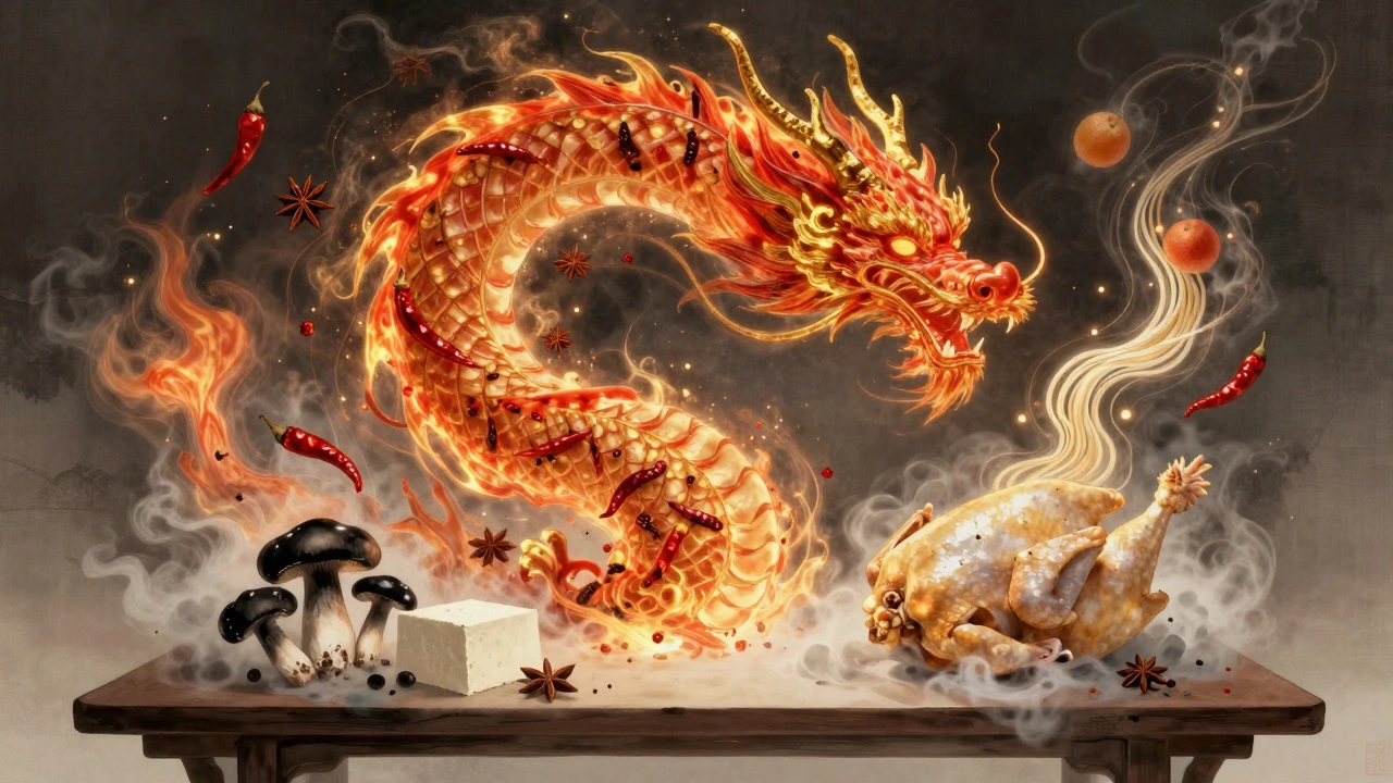 Абстрактное изображение огненного Дракона, рожденного из специй, над столом с запрещёнными и разрешёнными блюдами.