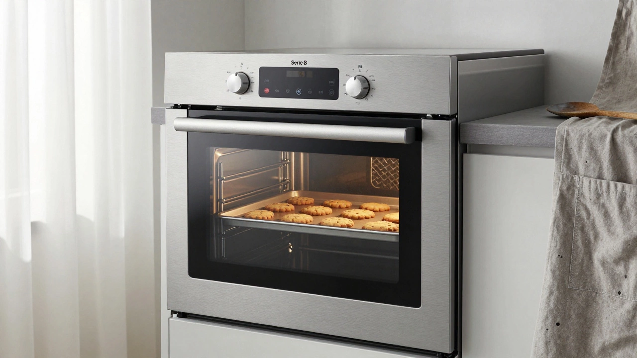 Бош с печеньем внутри, механические кнопки, минималистичная кухня, мягкий свет.