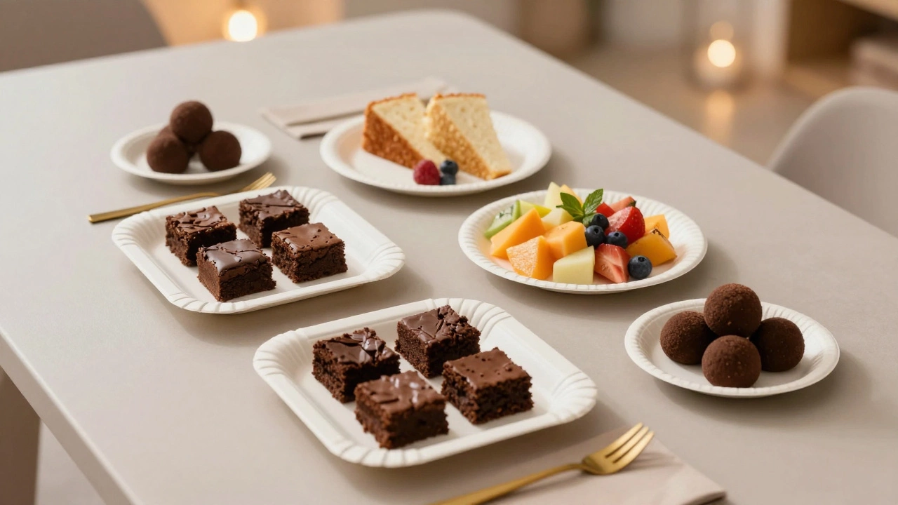 Четыре типа десертов на бумажных тарелках разных форм и размеров, выложенных на бежевых салфетках.