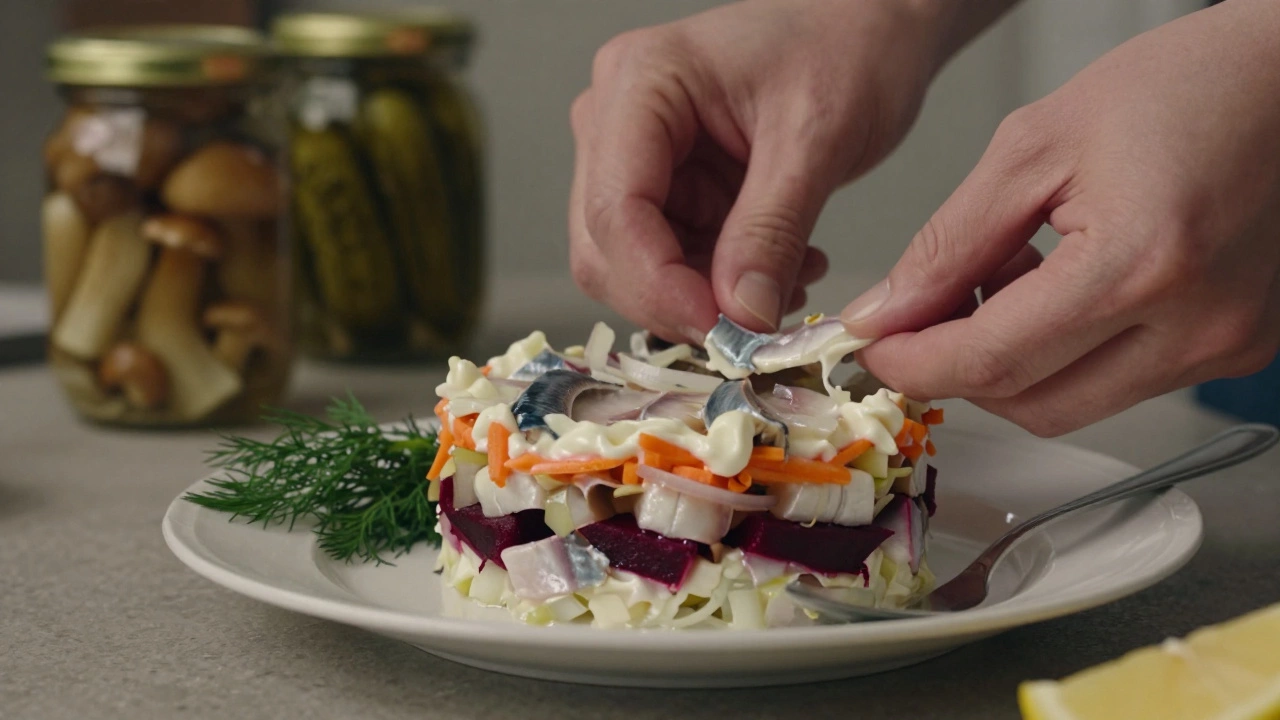 Детали слоёного салата 'селёдка под шубой' с майонезом, луком и свёклой на фарфоровой тарелке.