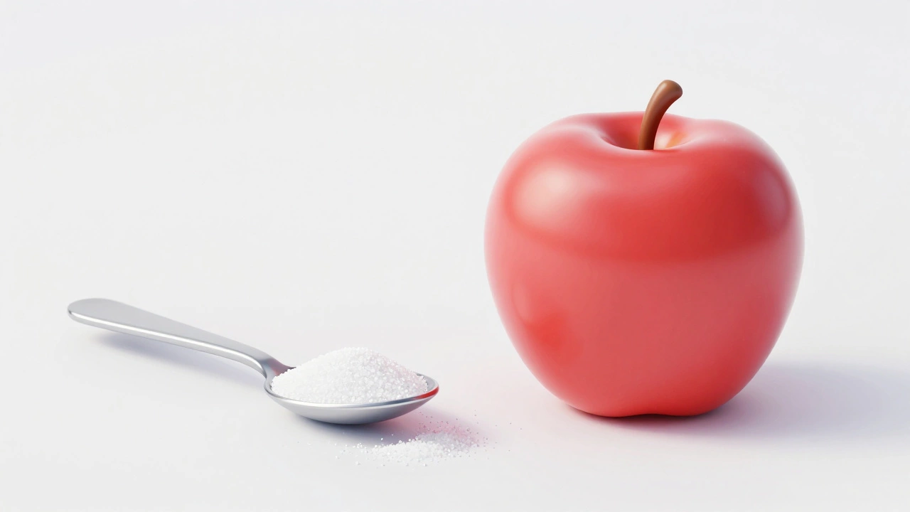 Ложка сахара и яблоко, символизирующие норму потребления.